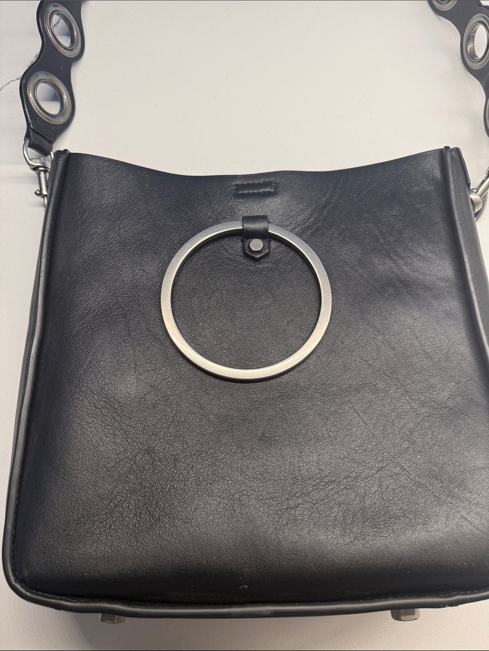 Rebecca Minkoff Black Leather Shoulder Bag with Silver Ring Accent - Picture 2 of 2
